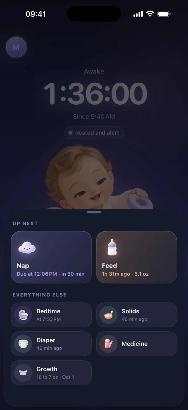 Menu to log sleep, feeds, diapers and more