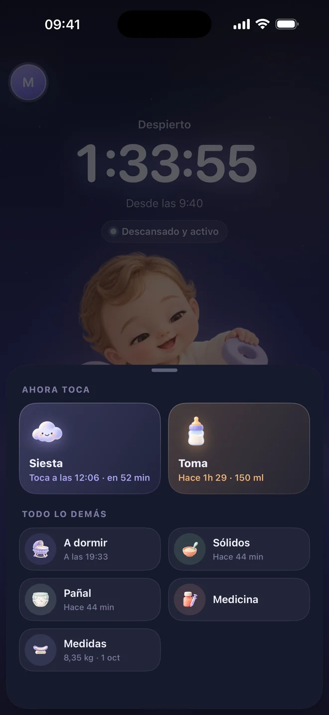 Menú para apuntar sueño, tomas, pañales y más