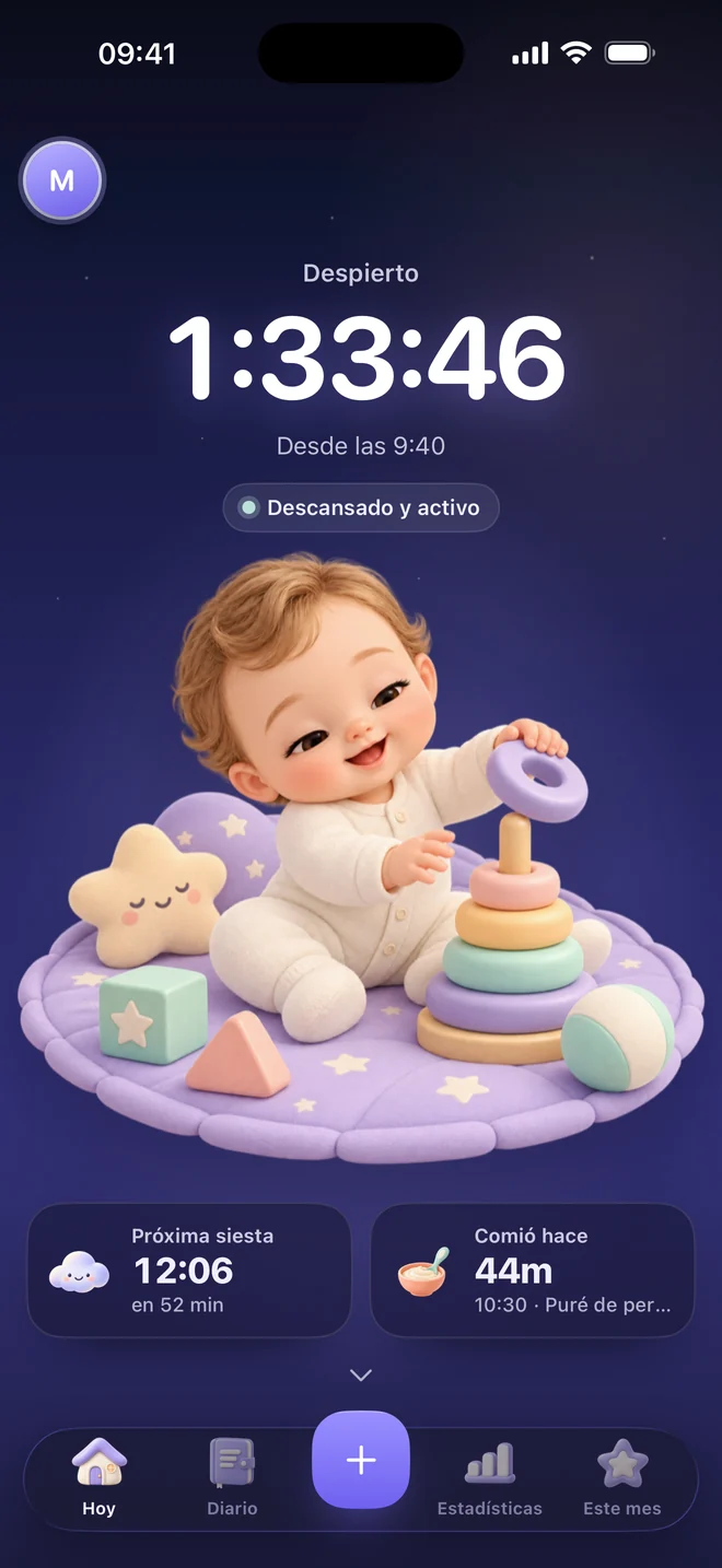 Pantalla Hoy de Napsi: Mia despierta desde las 9:40 y la próxima siesta a las 12:06